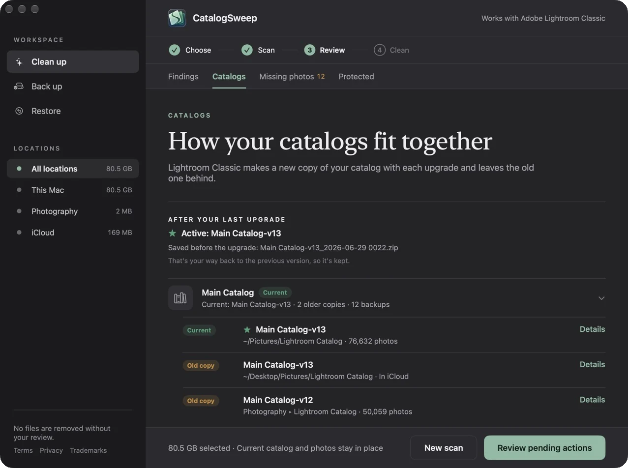 The Catalogs page: Main Catalog-v13 is current, with older copies on the Desktop and on a drive called Photography