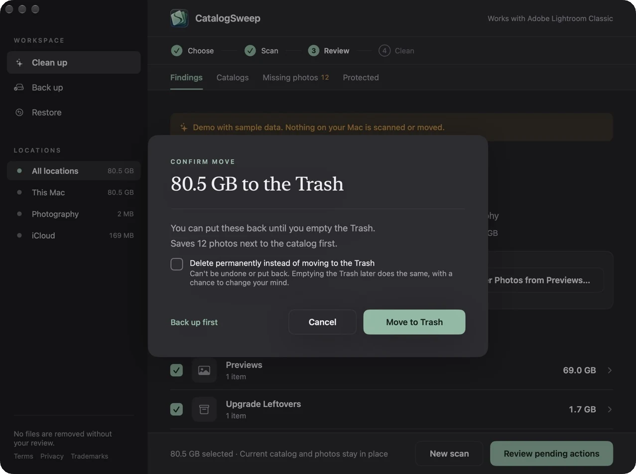 The confirmation card: 80.5 GB to the Trash, saving 12 photos next to the catalog first, with Delete permanently unticked